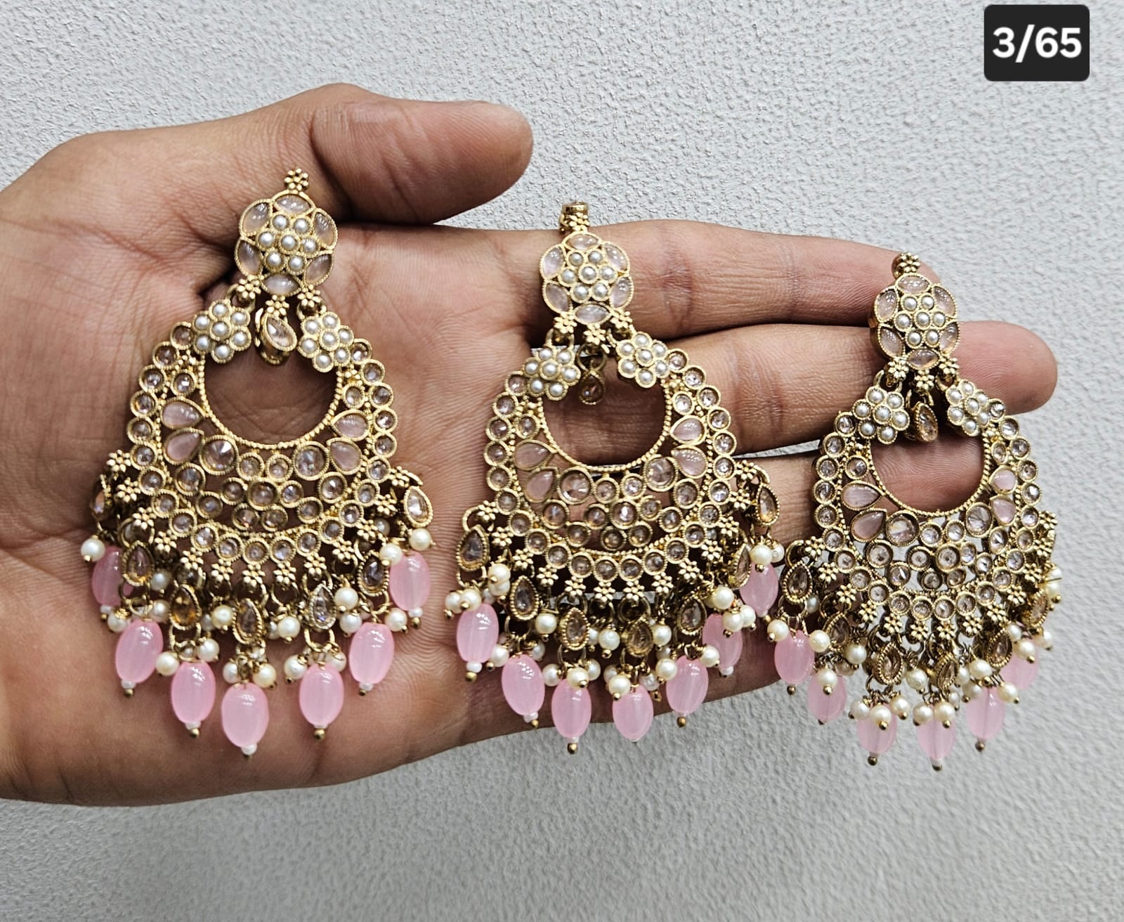 Kundan Chandbali Set - Antique Gold Finish Statement Earrings and Tikka