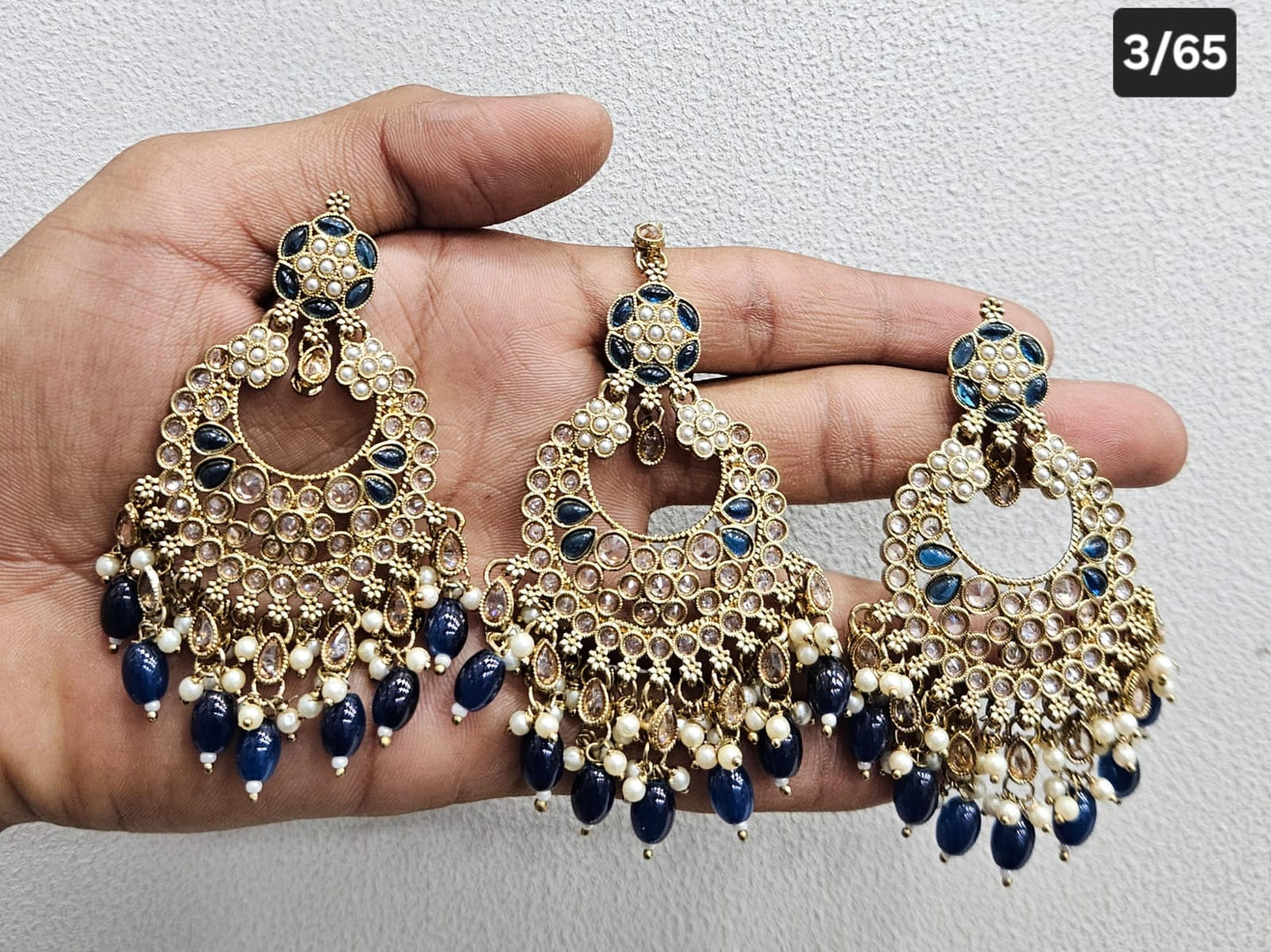 Kundan Chandbali Set - Antique Gold Finish Statement Earrings and Tikka