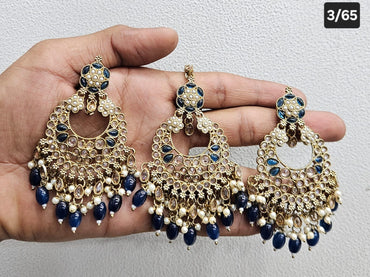 Kundan Chandbali Set - Antique Gold Finish Statement Earrings and Tikka