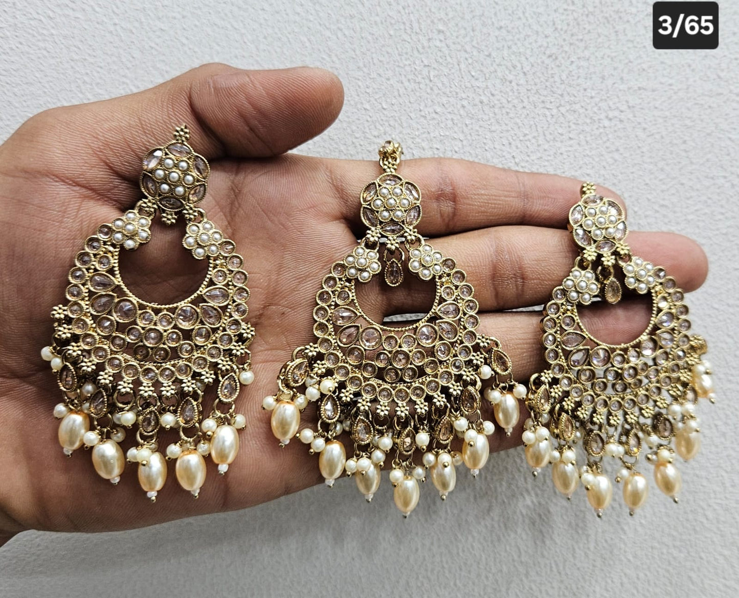 Kundan Chandbali Set - Antique Gold Finish Statement Earrings and Tikka