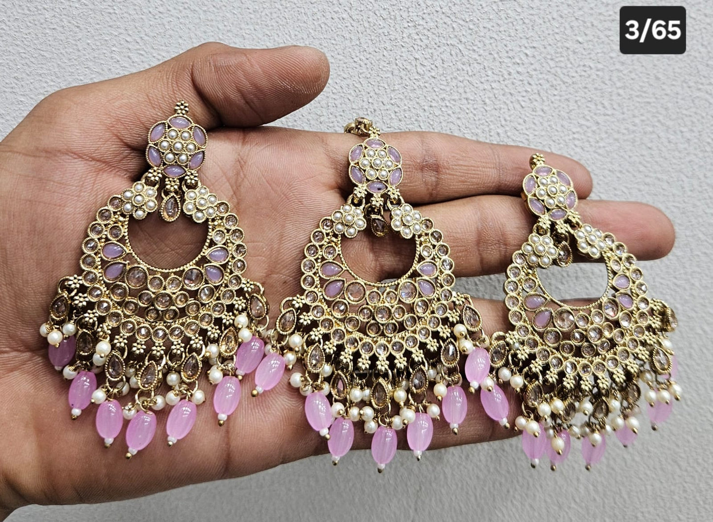 Kundan Chandbali Set - Antique Gold Finish Statement Earrings and Tikka