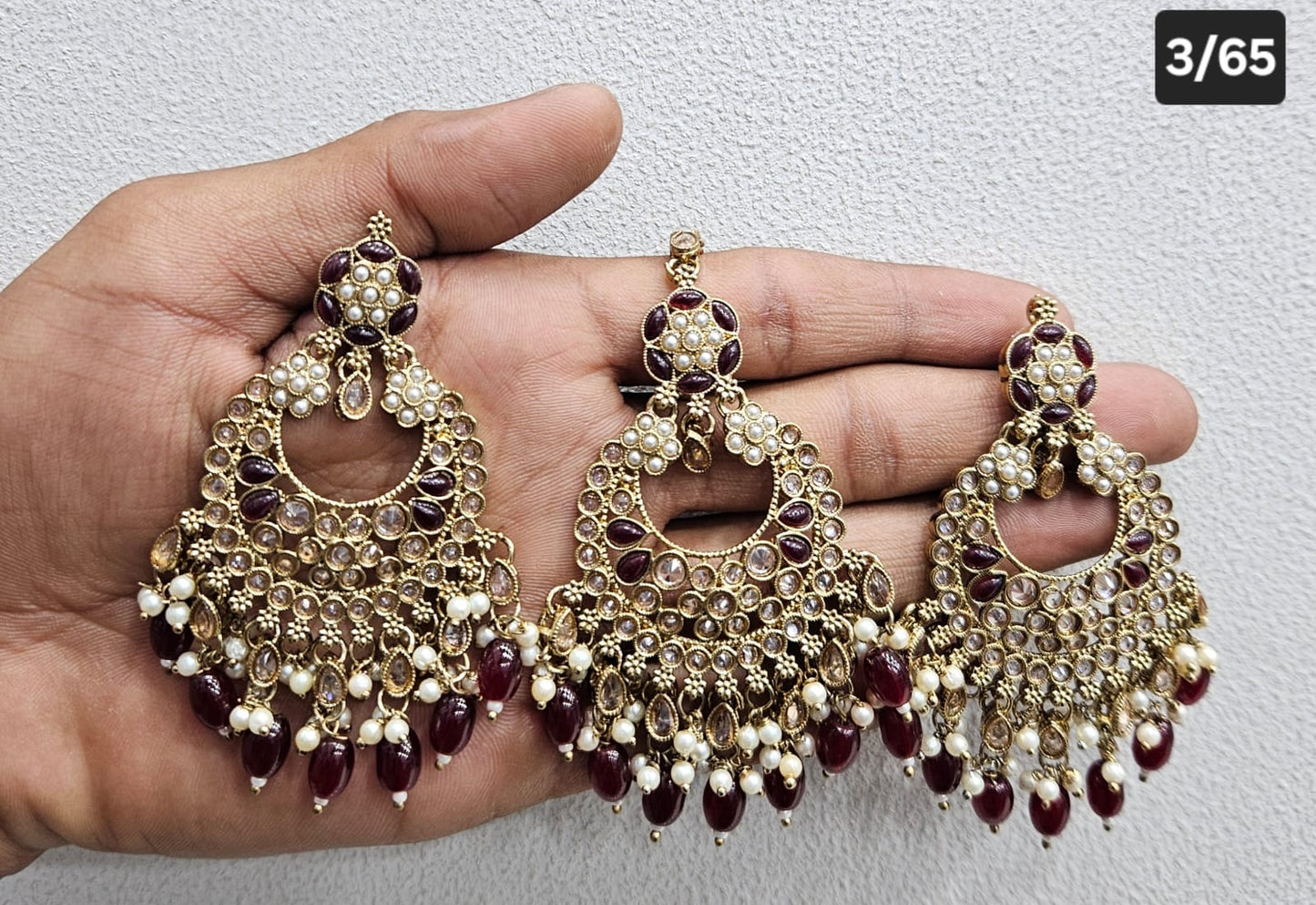 Kundan Chandbali Set - Antique Gold Finish Statement Earrings and Tikka