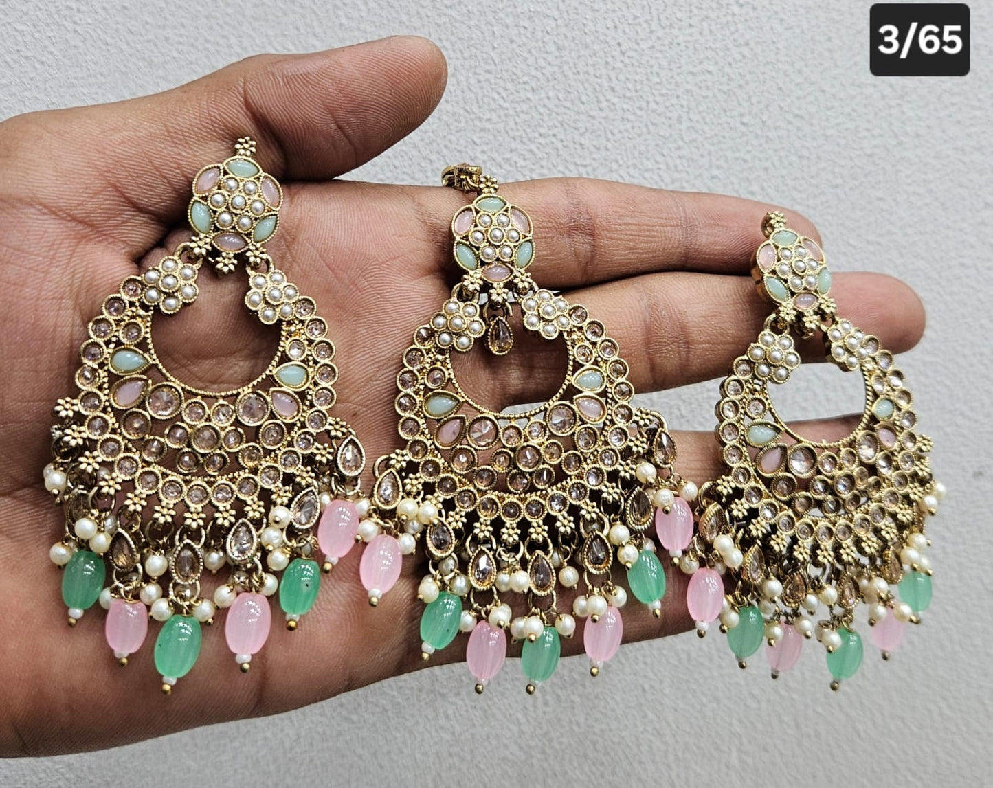 Kundan Chandbali Set - Antique Gold Finish Statement Earrings and Tikka