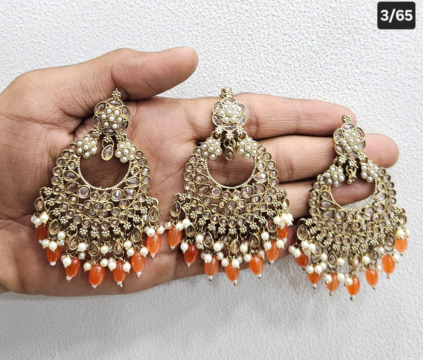 Kundan Chandbali Set - Antique Gold Finish Statement Earrings and Tikka