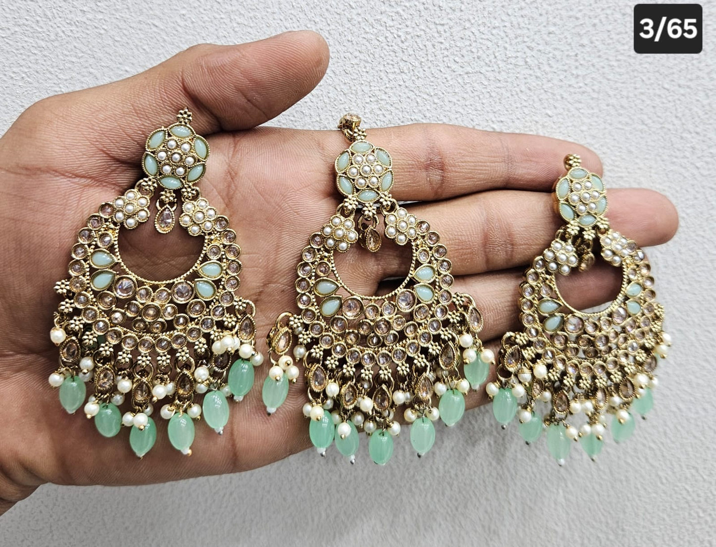 Kundan Chandbali Set - Antique Gold Finish Statement Earrings and Tikka
