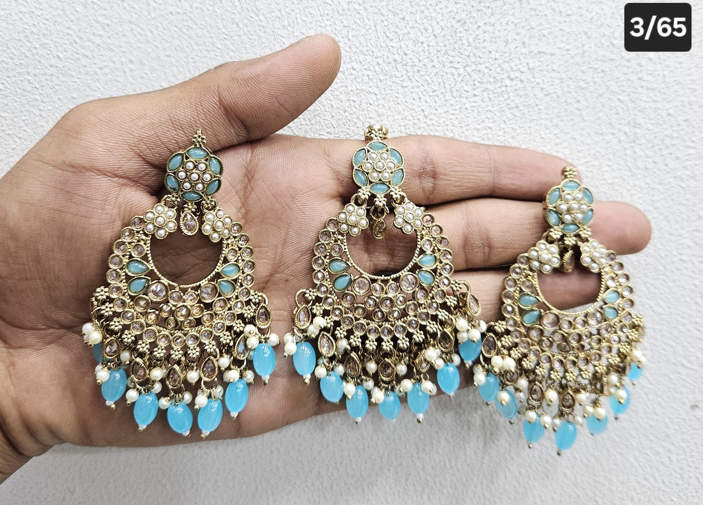 Kundan Chandbali Set - Antique Gold Finish Statement Earrings and Tikka