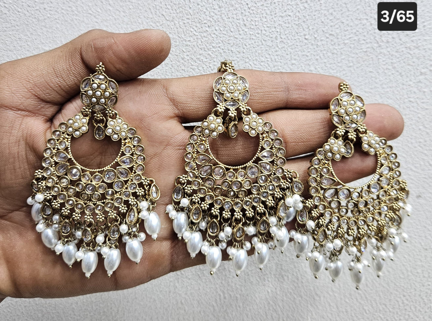 Kundan Chandbali Set - Antique Gold Finish Statement Earrings and Tikka
