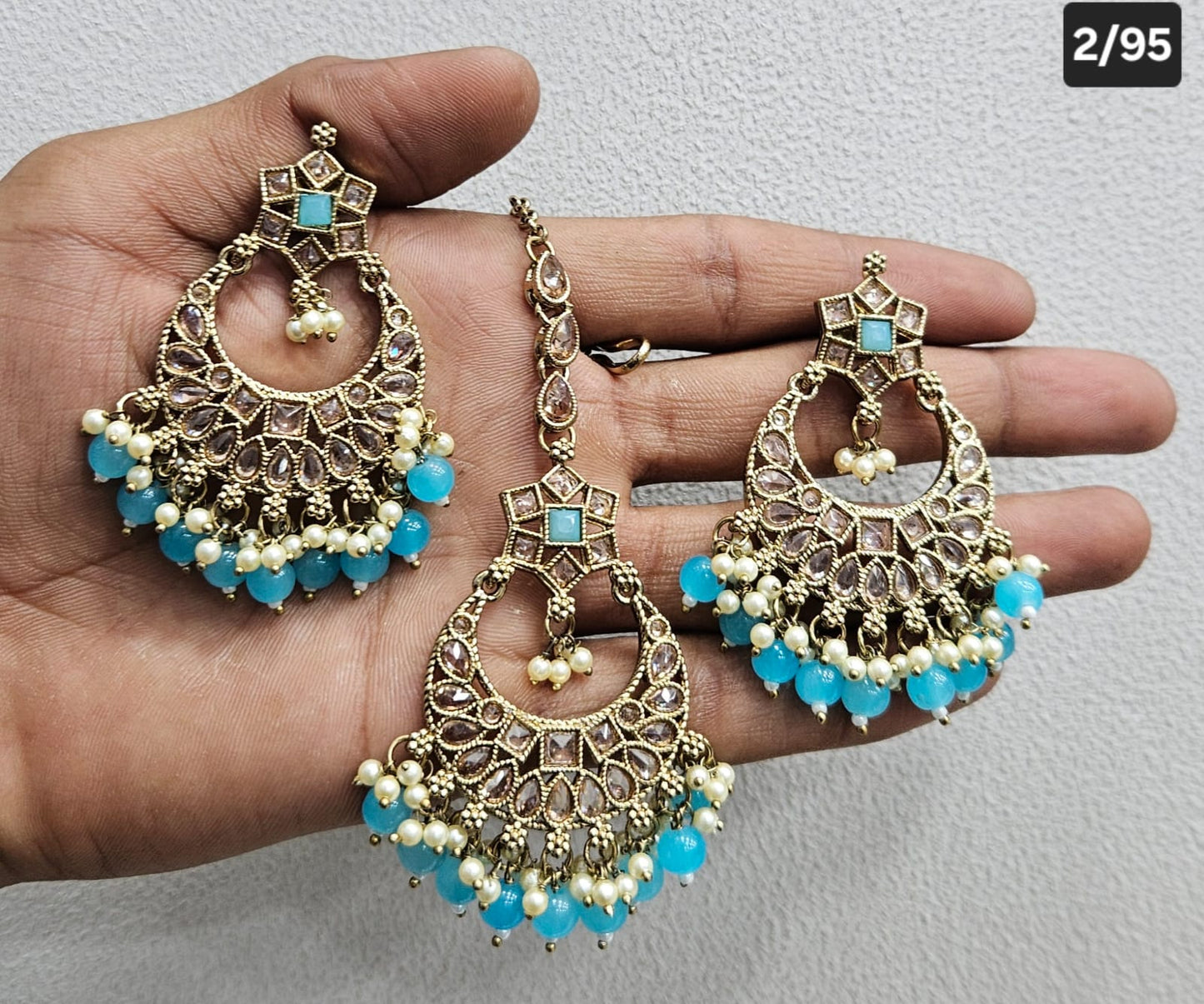Antique Gold Finish Statement Earrings and Maang Tikka