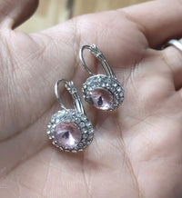 Shimmering Purple Crystal Halo Earrings with Secure Leverback Closure