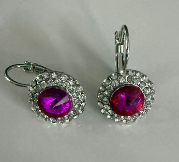 Shimmering Purple Crystal Halo Earrings with Secure Leverback Closure