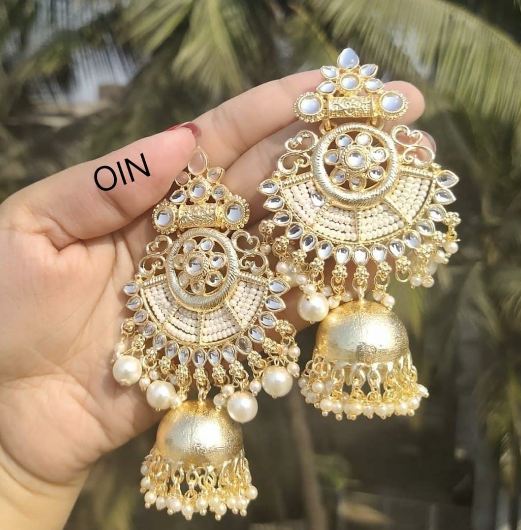 Oversized Kundan Statement Dangles with Pearl Beadwork