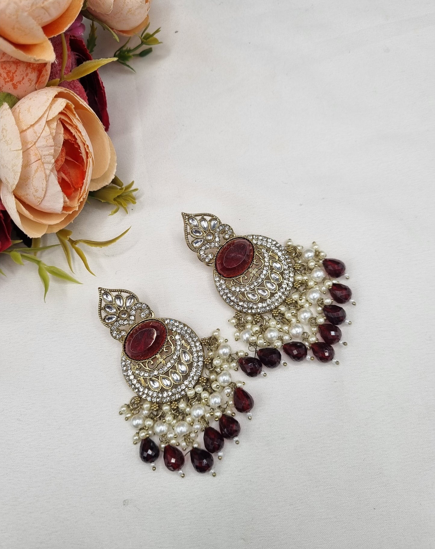 ANTIQUE GOLD CRESCENT STATEMENT CHANDBALI EARRINGS WITH PEARL & CRYSTAL BEADS