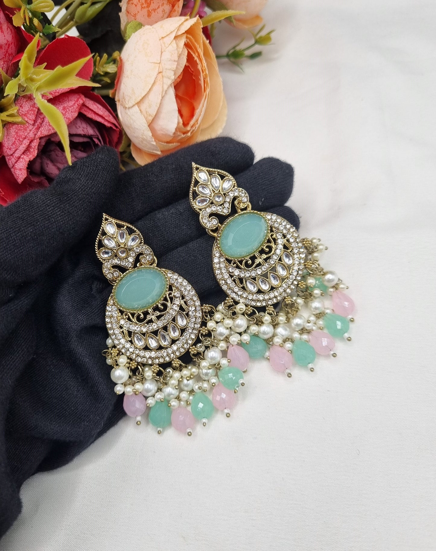 ANTIQUE GOLD CRESCENT STATEMENT CHANDBALI EARRINGS WITH PEARL & CRYSTAL BEADS