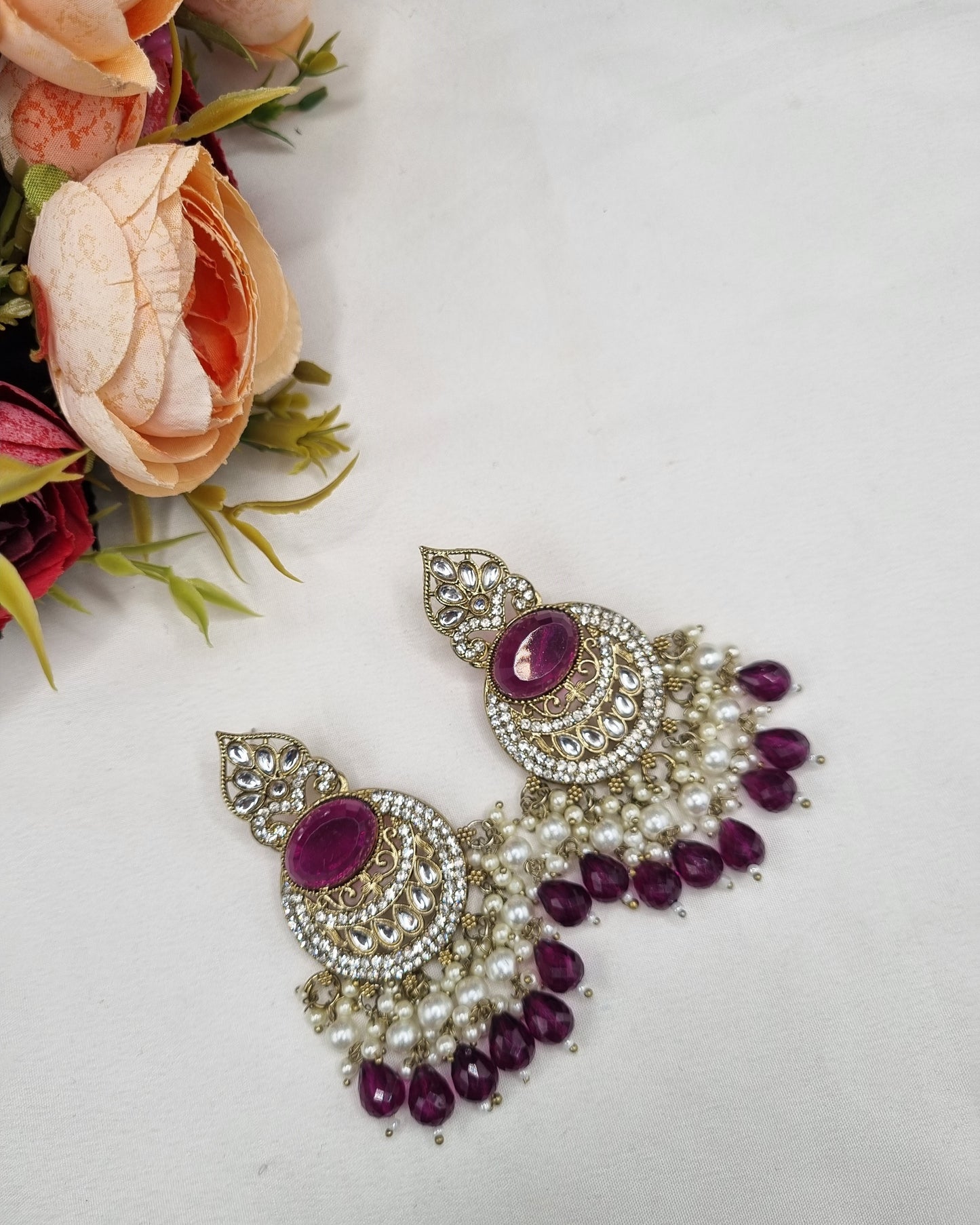 ANTIQUE GOLD CRESCENT STATEMENT CHANDBALI EARRINGS WITH PEARL & CRYSTAL BEADS