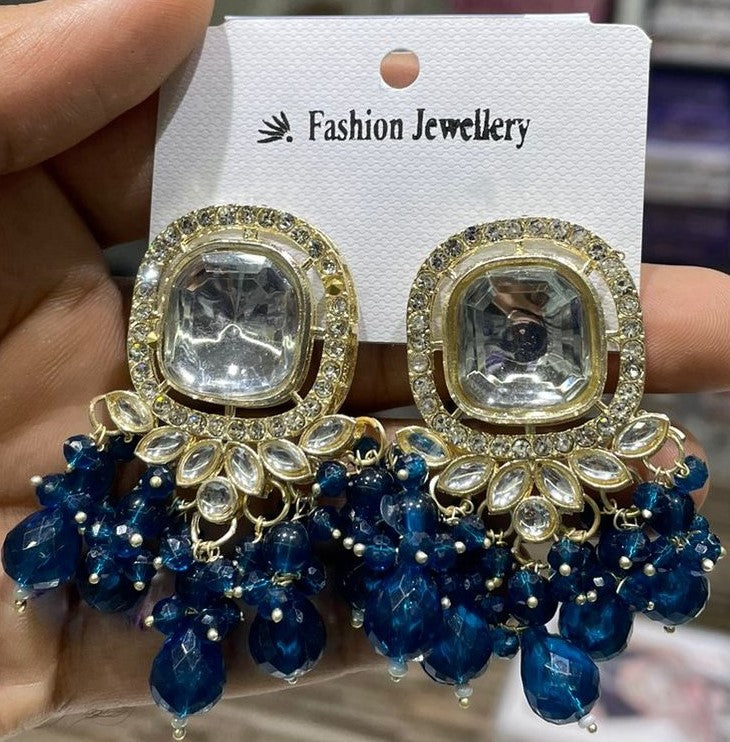 Square Kundan Earrings with Round Crystal Centerpiece Gold Plated Earrings