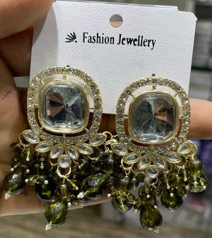 Square Kundan Earrings with Round Crystal Centerpiece Gold Plated Earrings