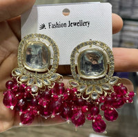 Square Kundan Earrings with Round Crystal Centerpiece Gold Plated Earrings