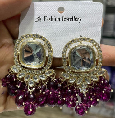 Square Kundan Earrings with Round Crystal Centerpiece Gold Plated Earrings