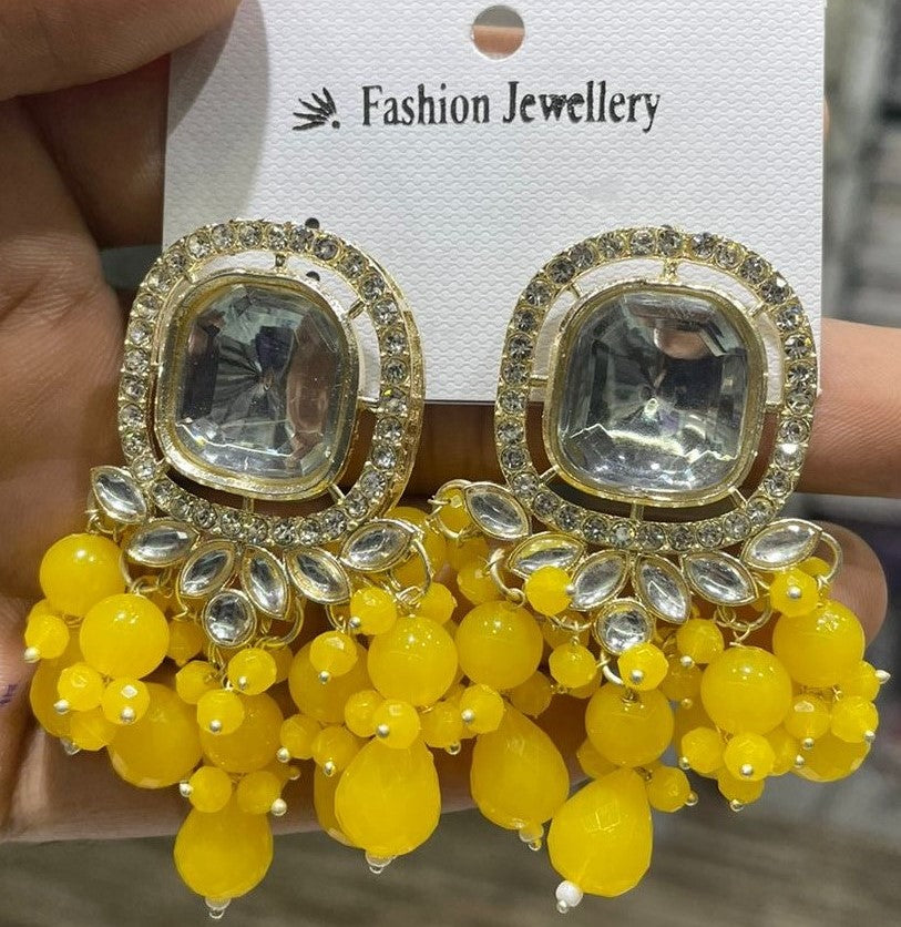 Square Kundan Earrings with Round Crystal Centerpiece Gold Plated Earrings