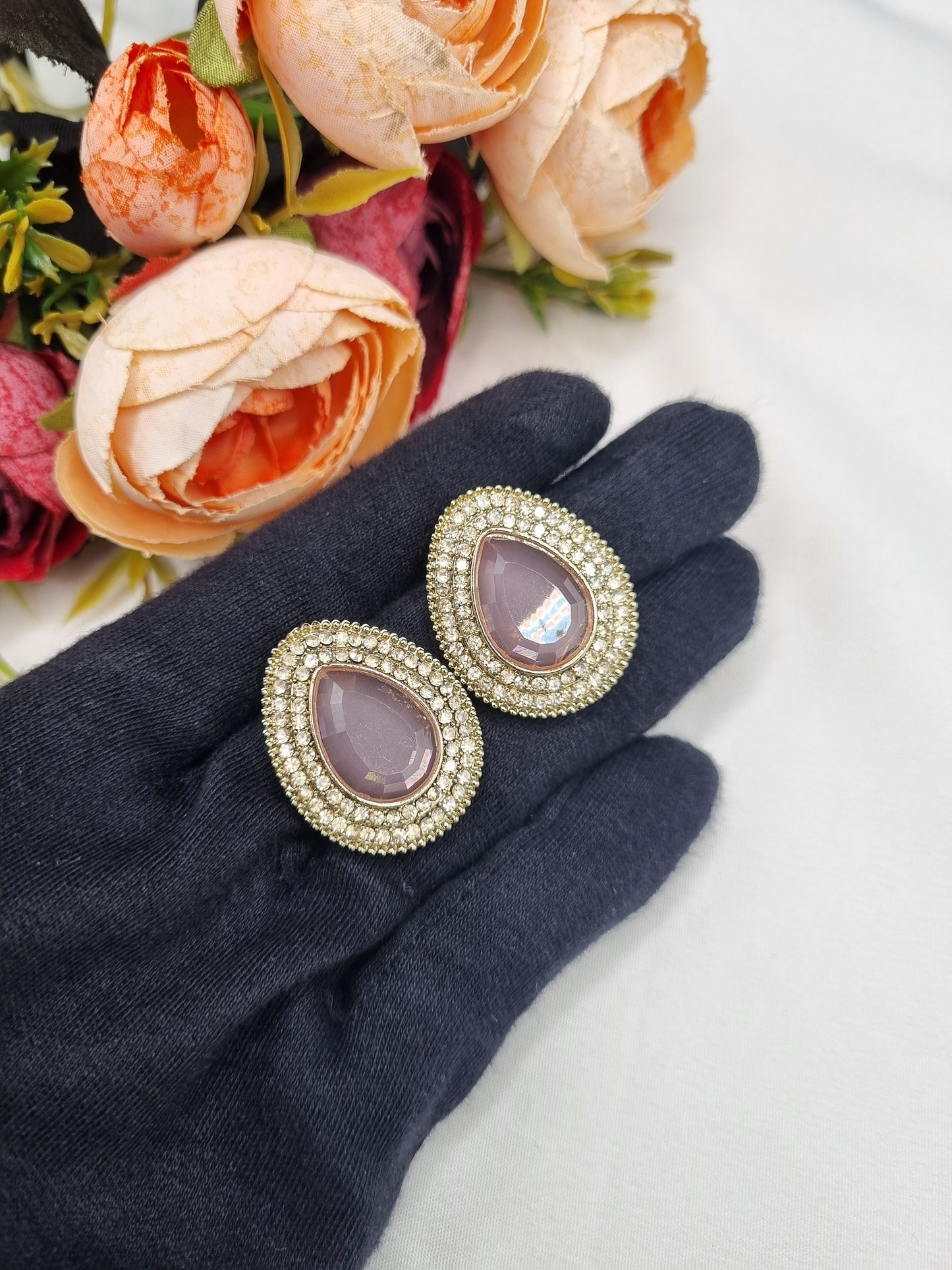 TEARDROP STONE HALO STUD EARRINGS