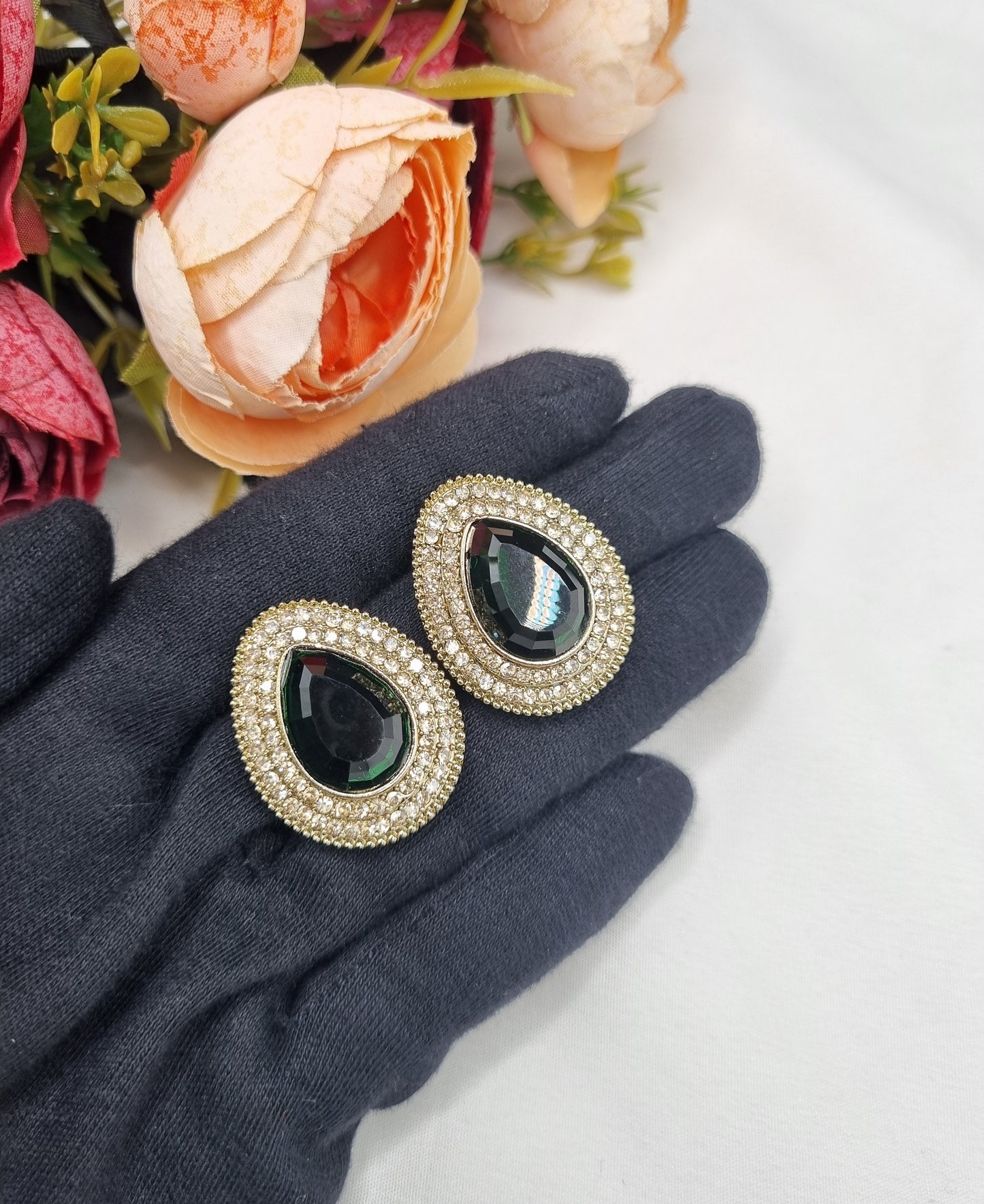 TEARDROP STONE HALO STUD EARRINGS