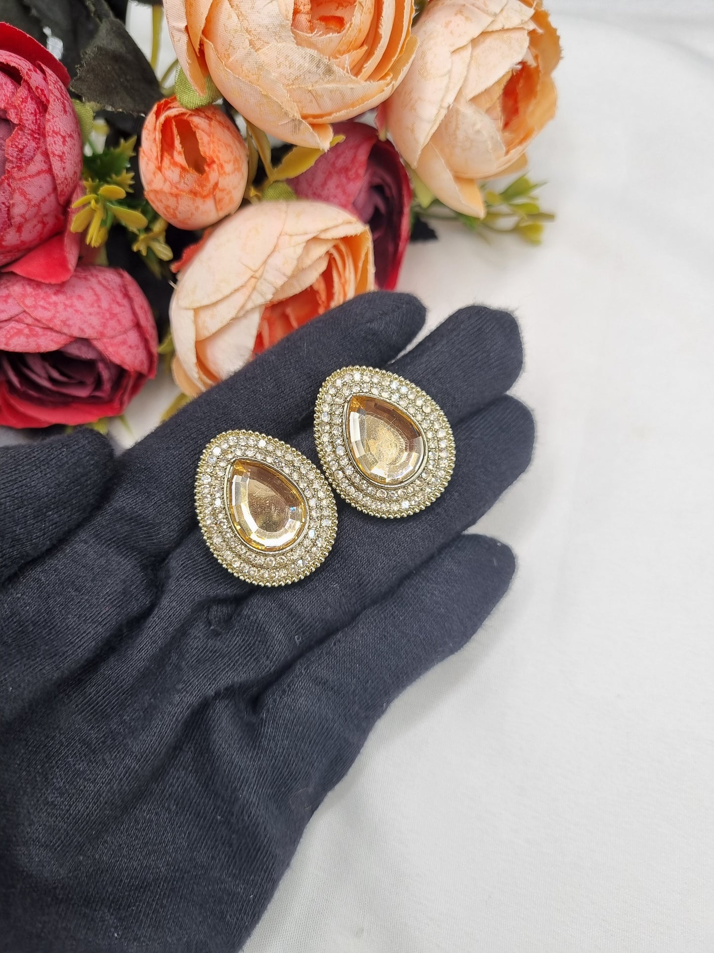 TEARDROP STONE HALO STUD EARRINGS
