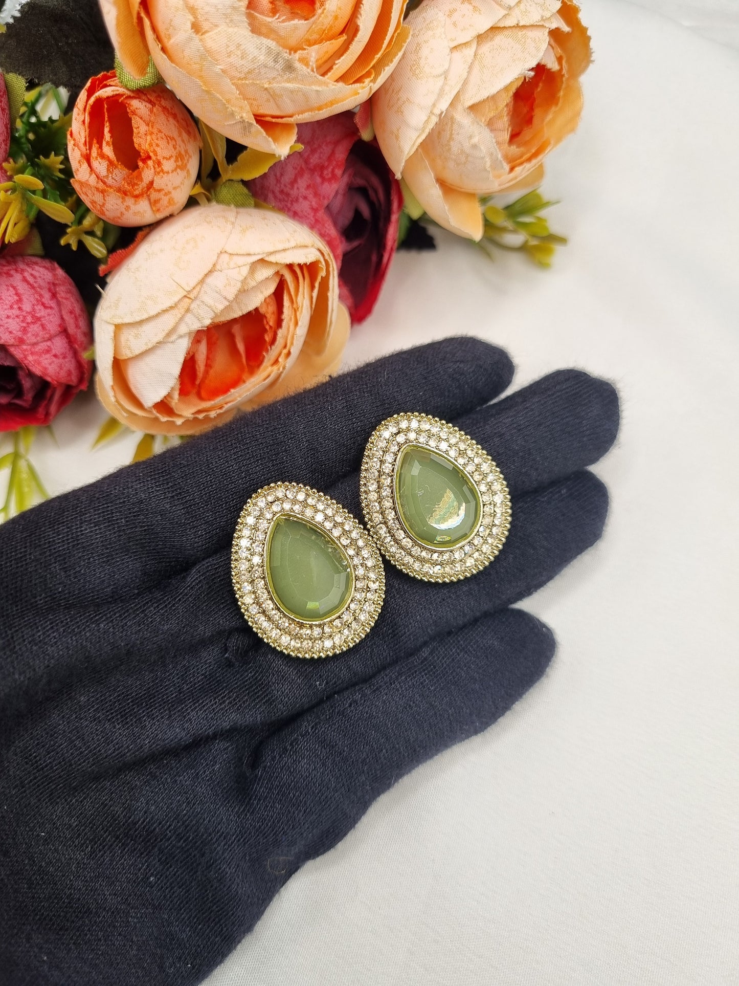TEARDROP STONE HALO STUD EARRINGS