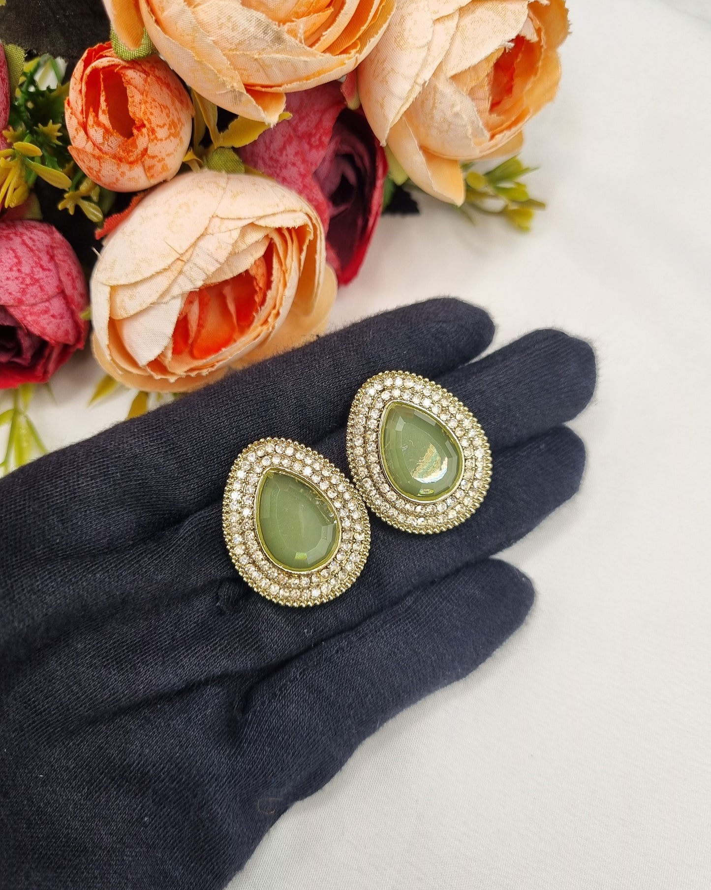 TEARDROP STONE HALO STUD EARRINGS