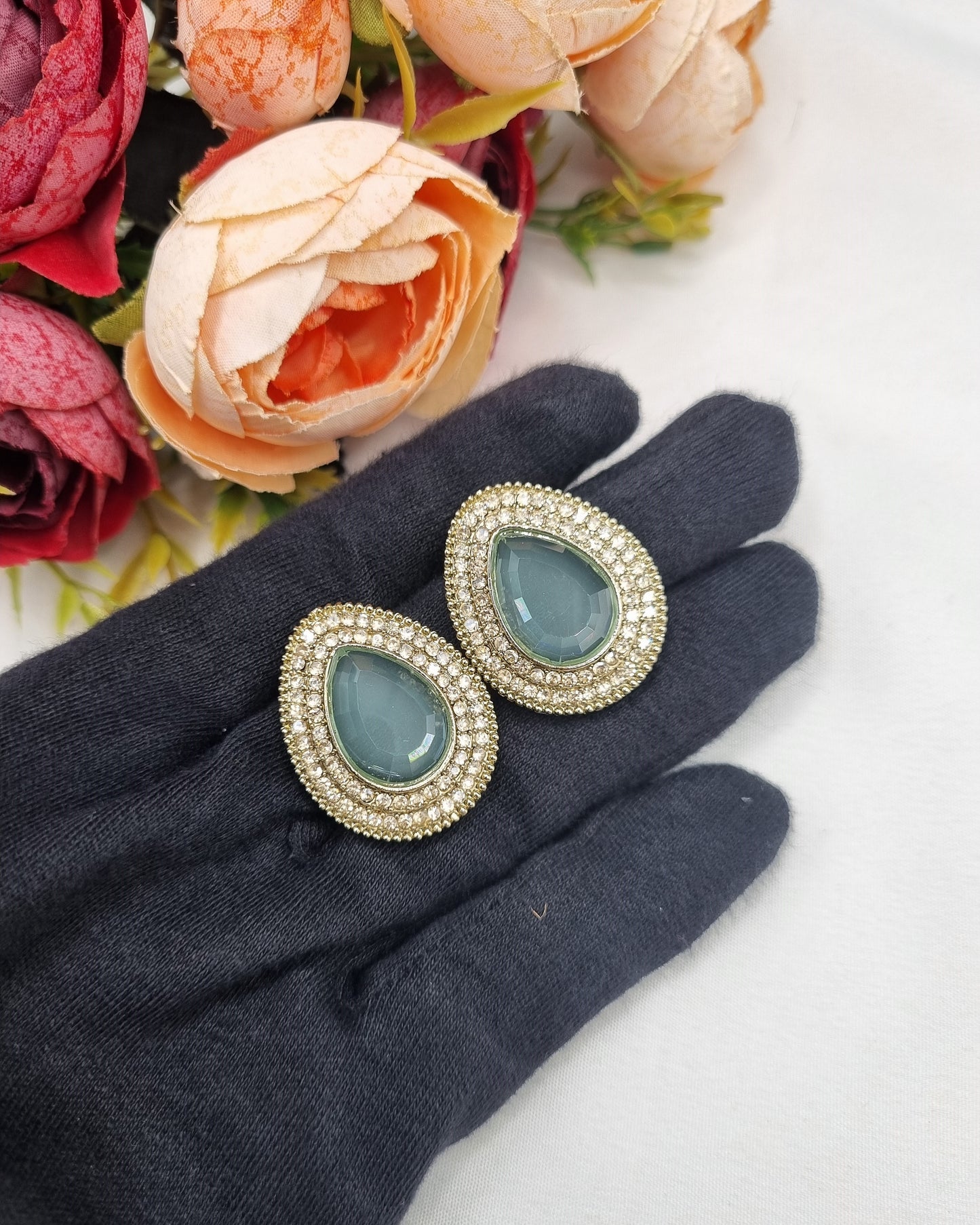 TEARDROP STONE HALO STUD EARRINGS