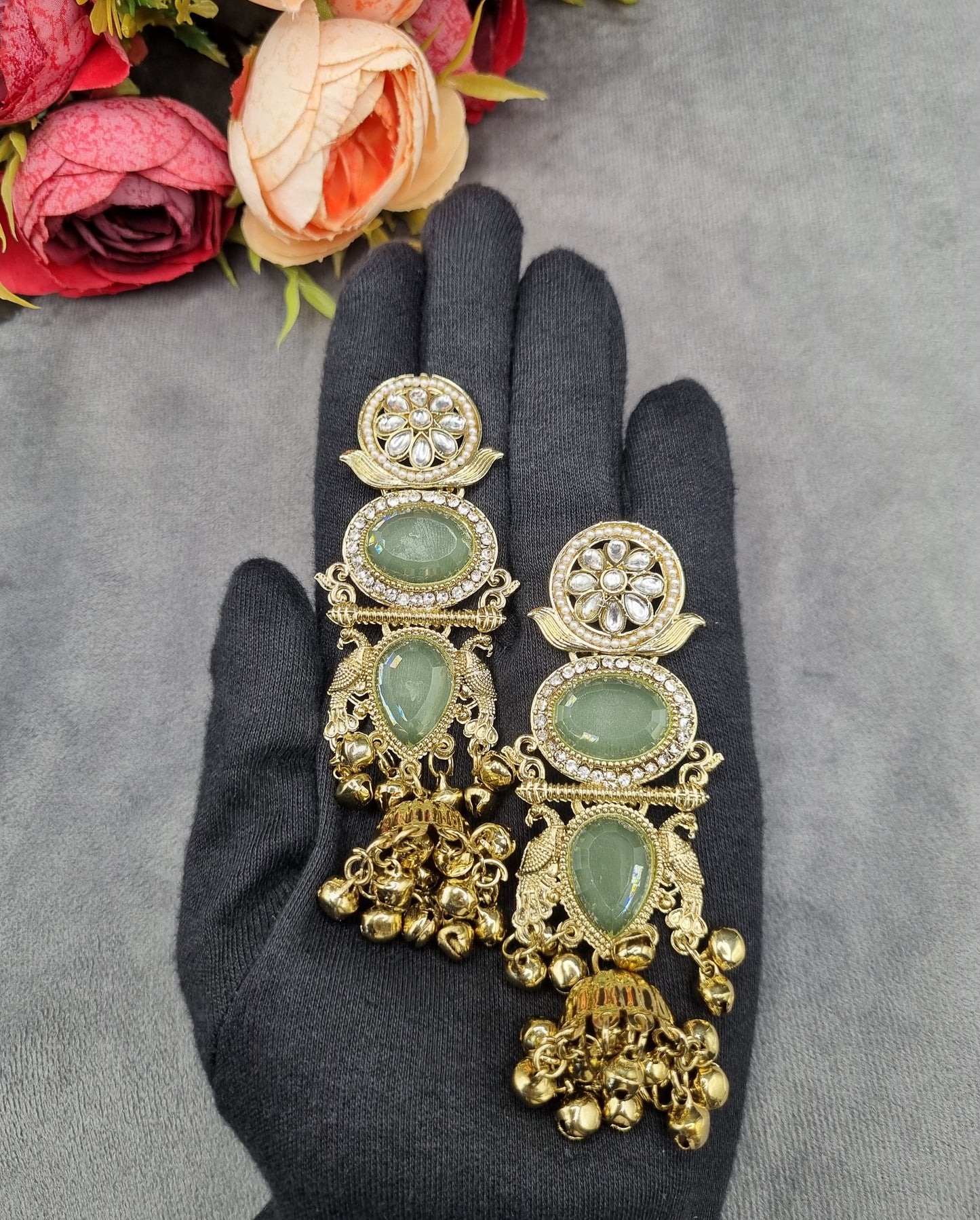 ORNATE MULTI-TIERED STONE & JHUMKA DROP EARRINGS