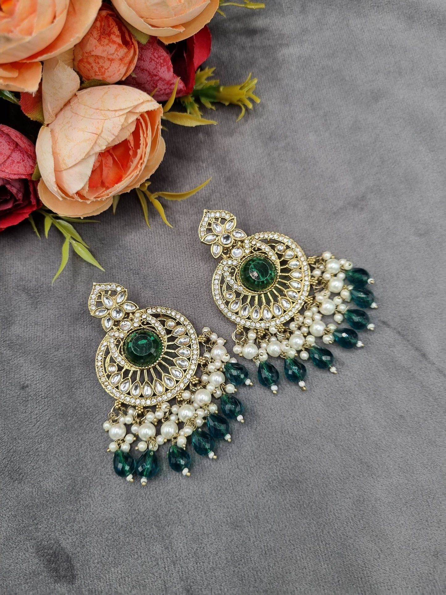 INTRICATE CHANDBALI DROP EARRINGS WITH BEAD CLUSTERS