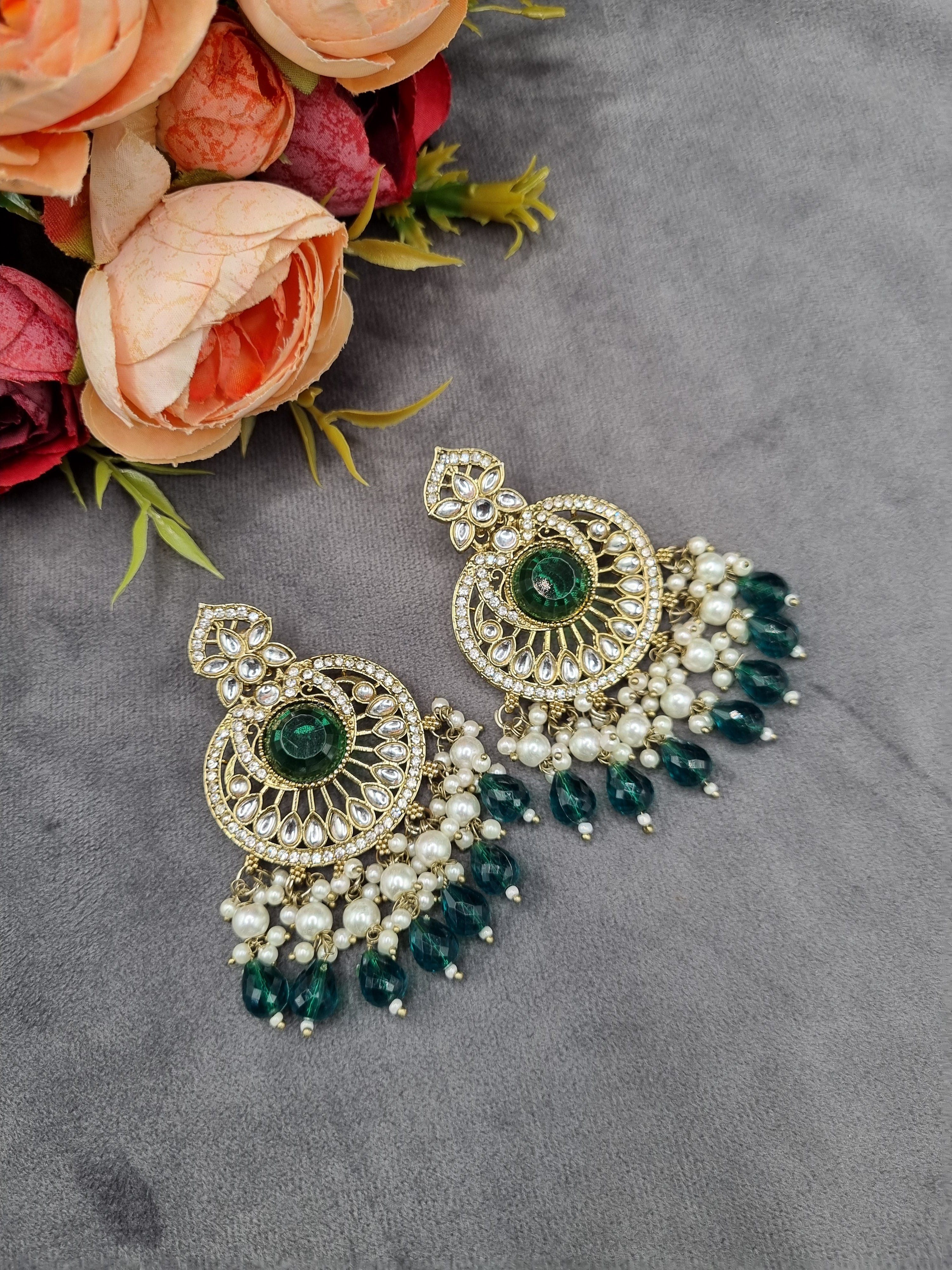 INTRICATE CHANDBALI DROP EARRINGS WITH BEAD CLUSTERS