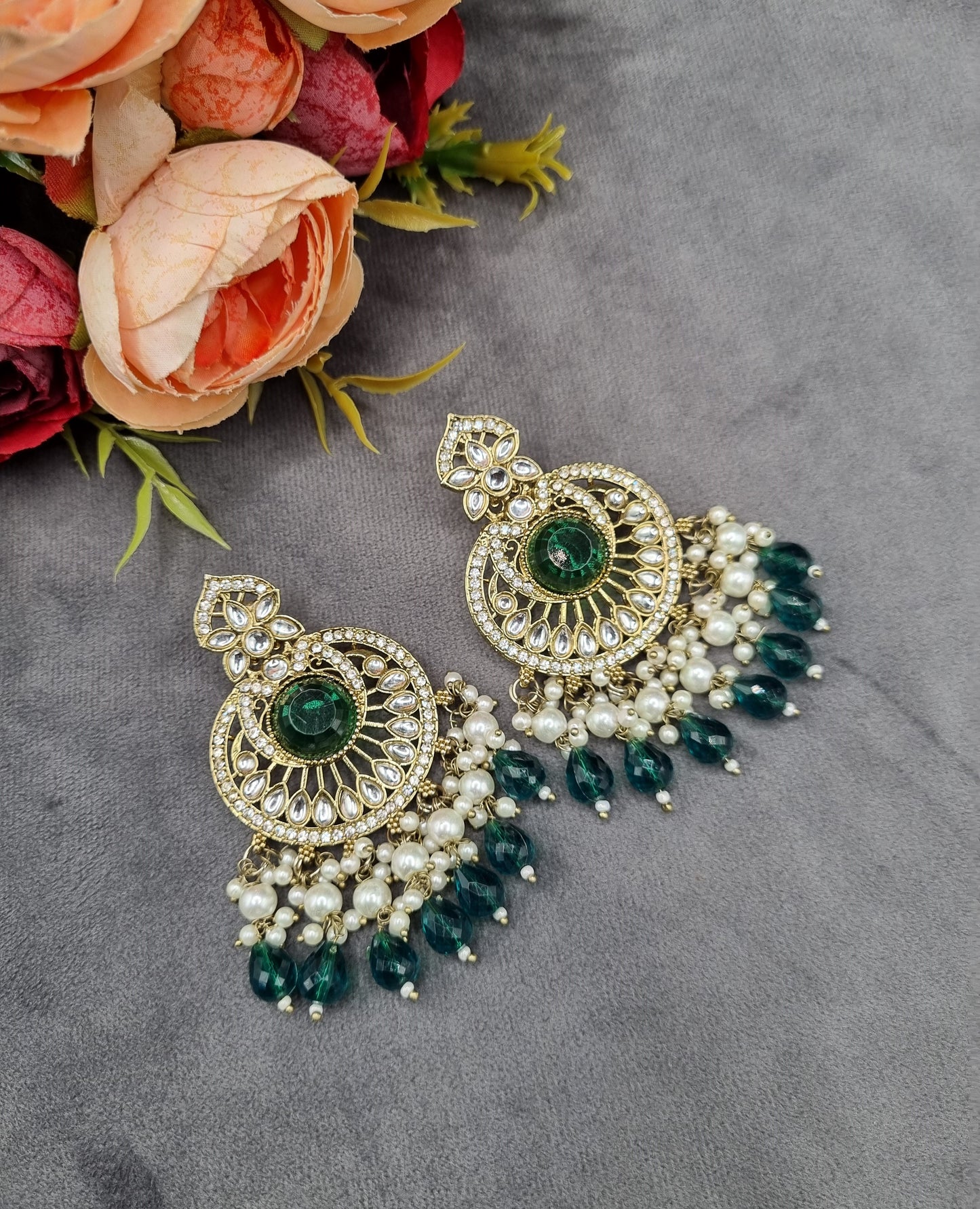 INTRICATE CHANDBALI DROP EARRINGS WITH BEAD CLUSTERS