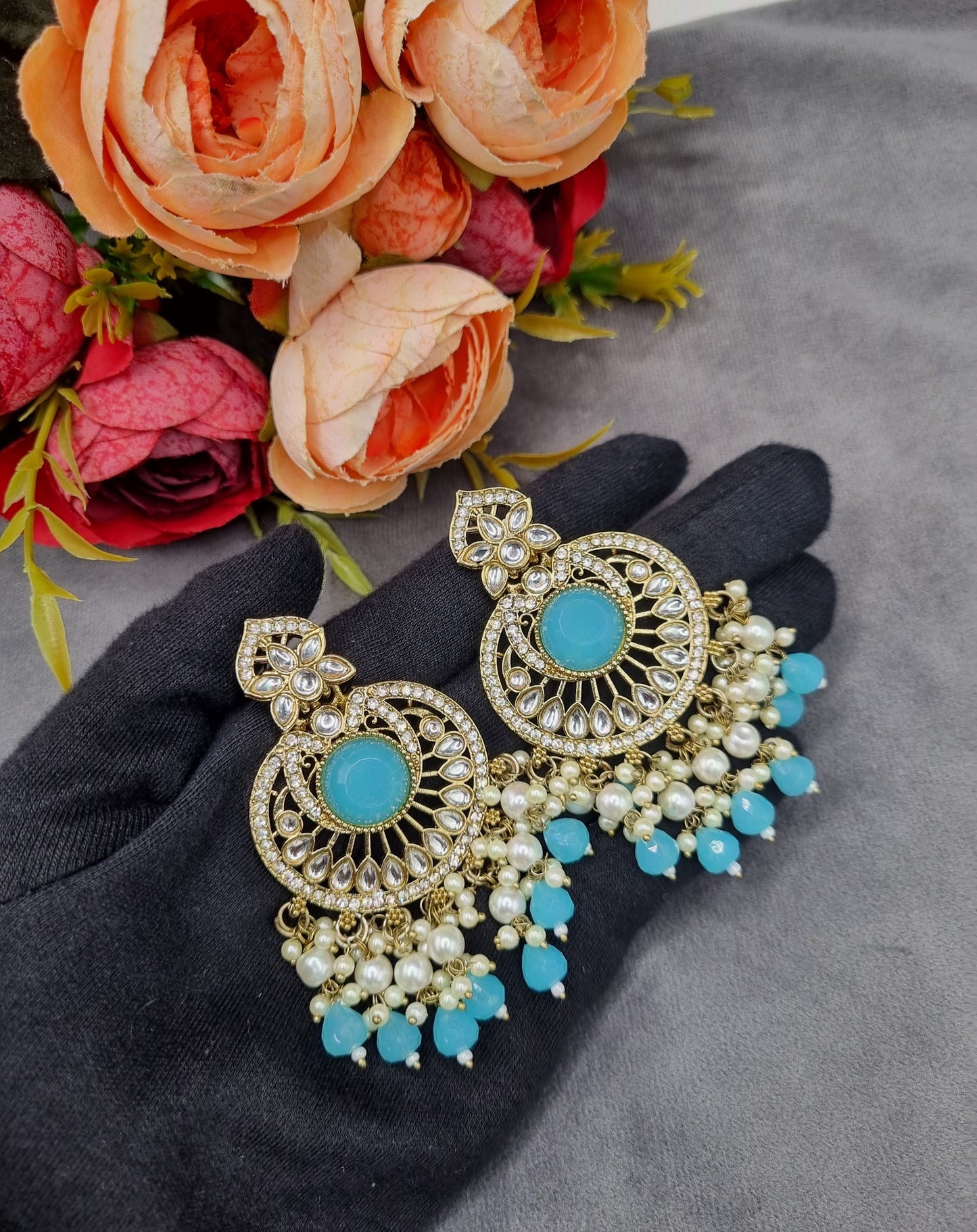 INTRICATE CHANDBALI DROP EARRINGS WITH BEAD CLUSTERS