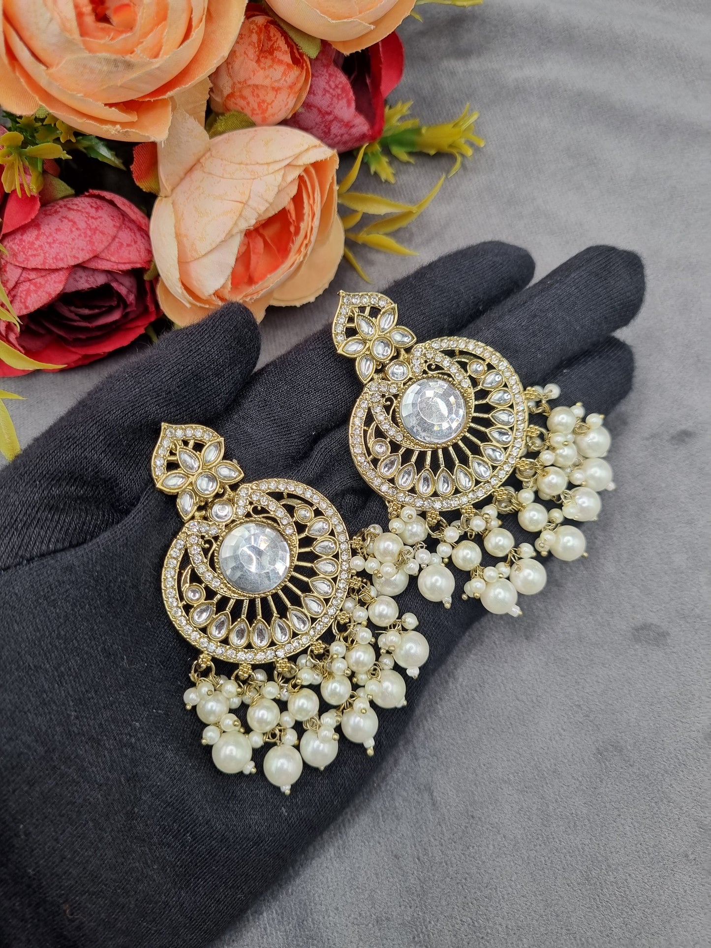 INTRICATE CHANDBALI DROP EARRINGS WITH BEAD CLUSTERS