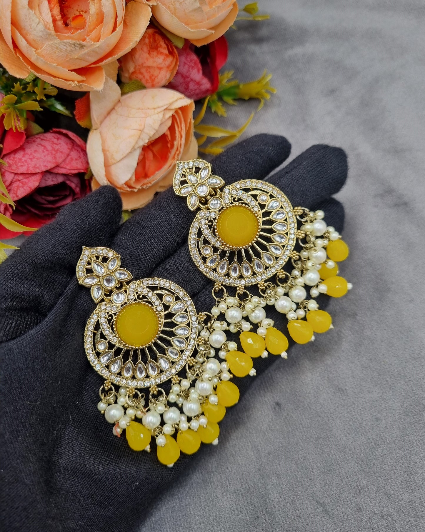 INTRICATE CHANDBALI DROP EARRINGS WITH BEAD CLUSTERS