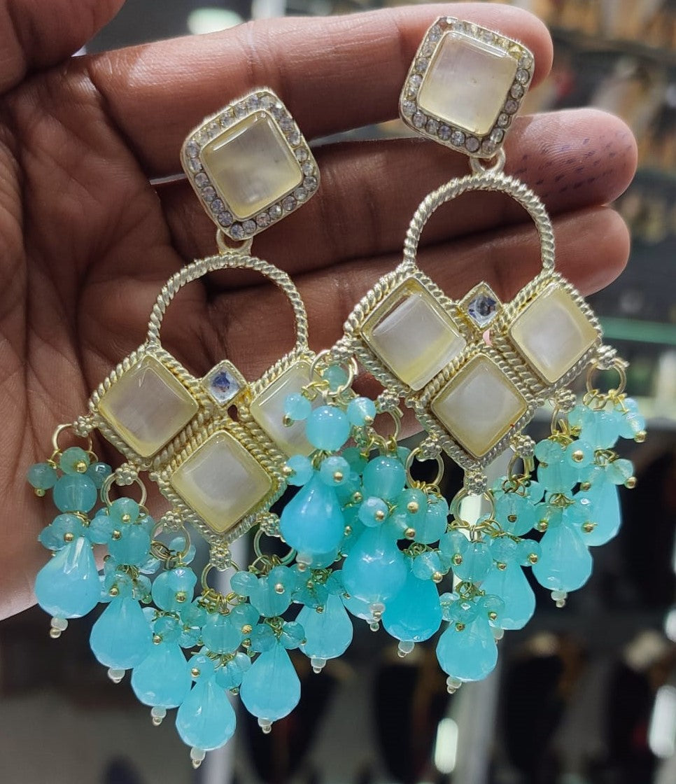 Square Stone Earrings Gold Plated Geometric Drop Dangles