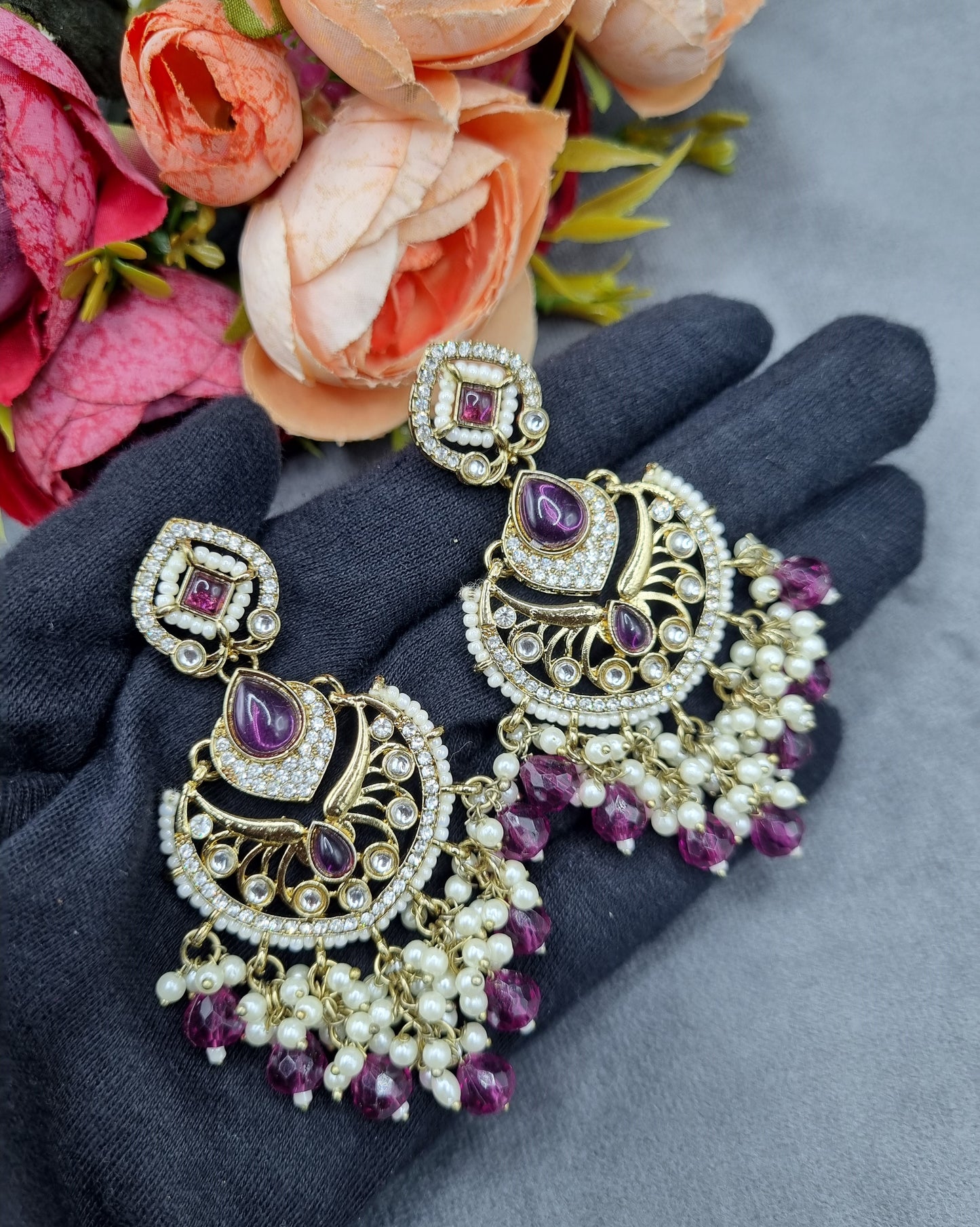 Statement Chandbali Earrings with Pearl & Bead Drops