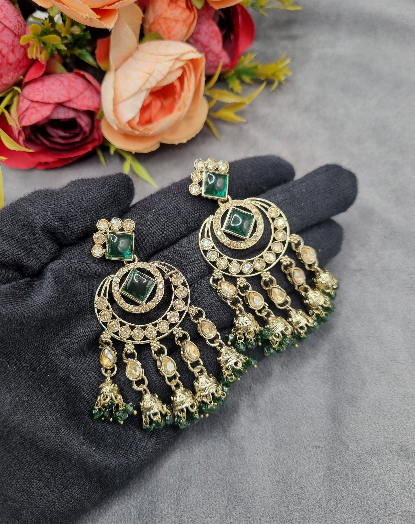 GEOMETRIC STONE-STUDDED CHANDBALI STATEMENT EARRINGS