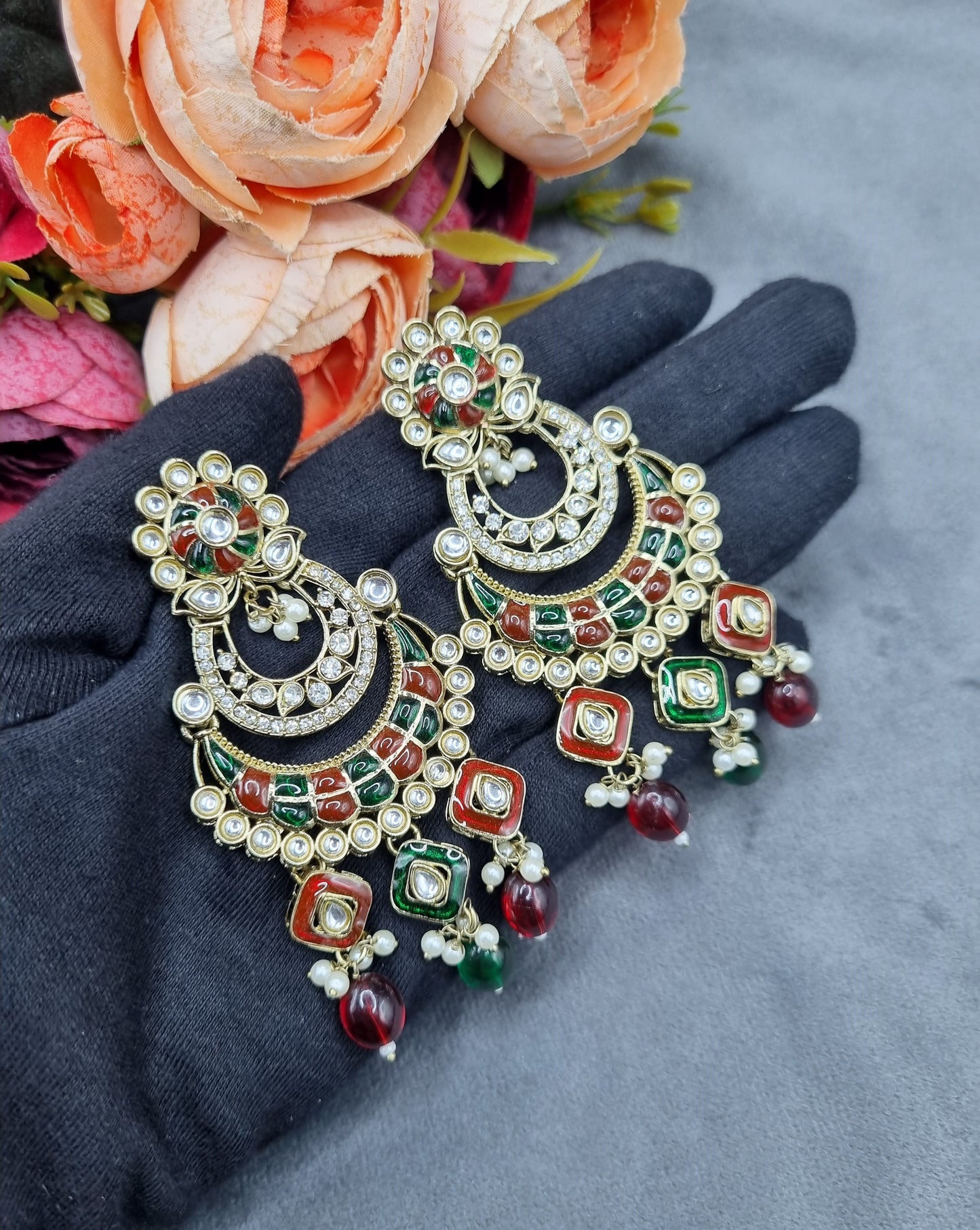 Royal Chandbali Statement Earrings with Meenakari & Pearl Drops