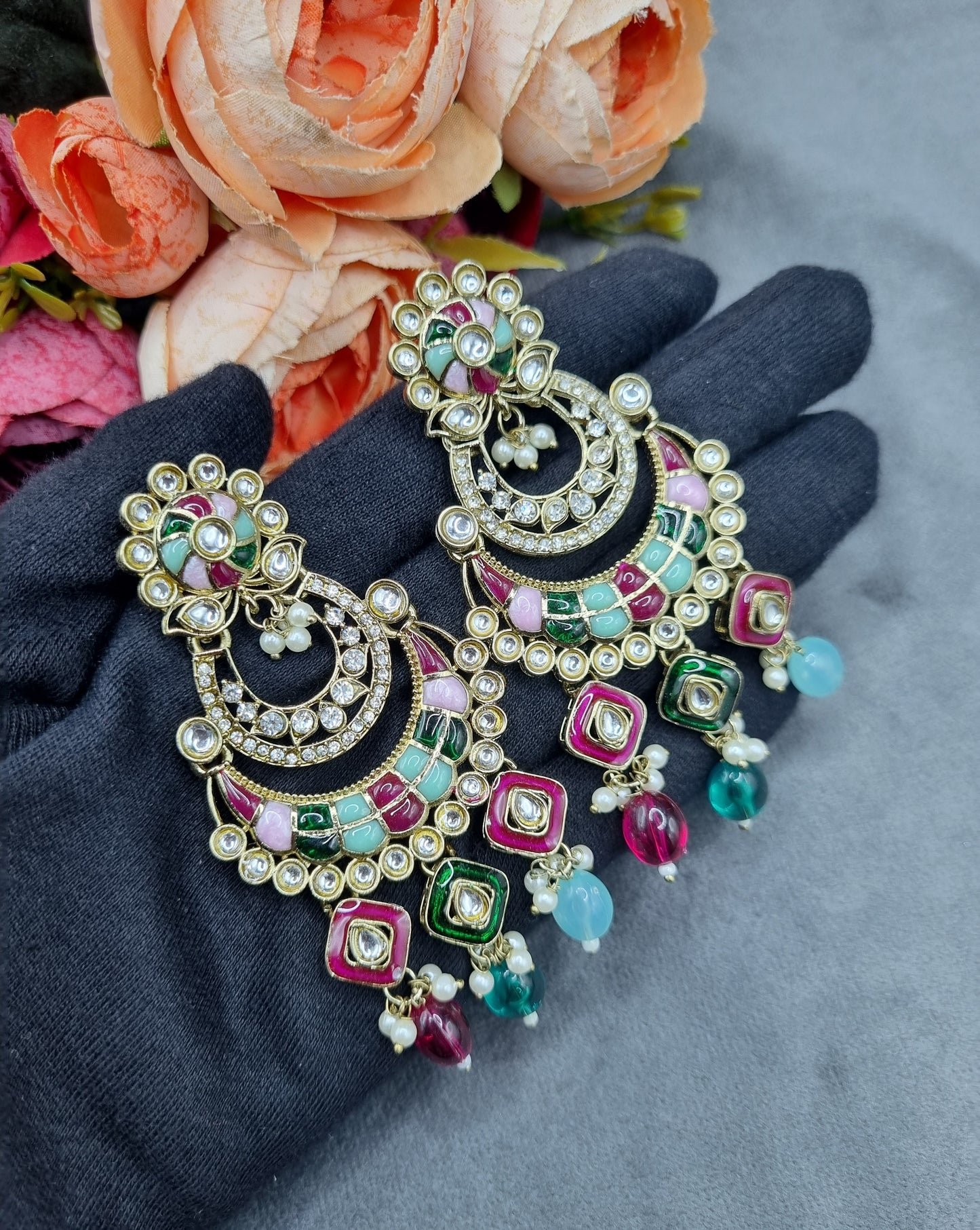 Royal Chandbali Statement Earrings with Meenakari & Pearl Drops
