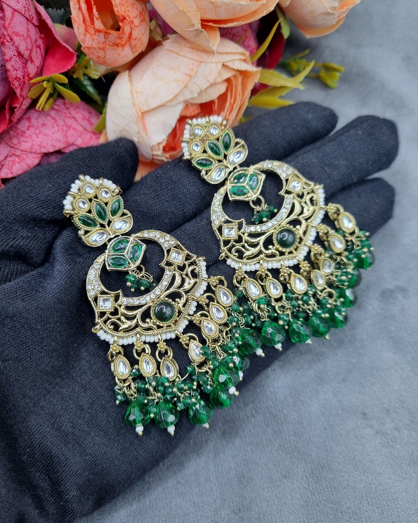 Grand Chandbali Statement Earrings with Bead Droplets