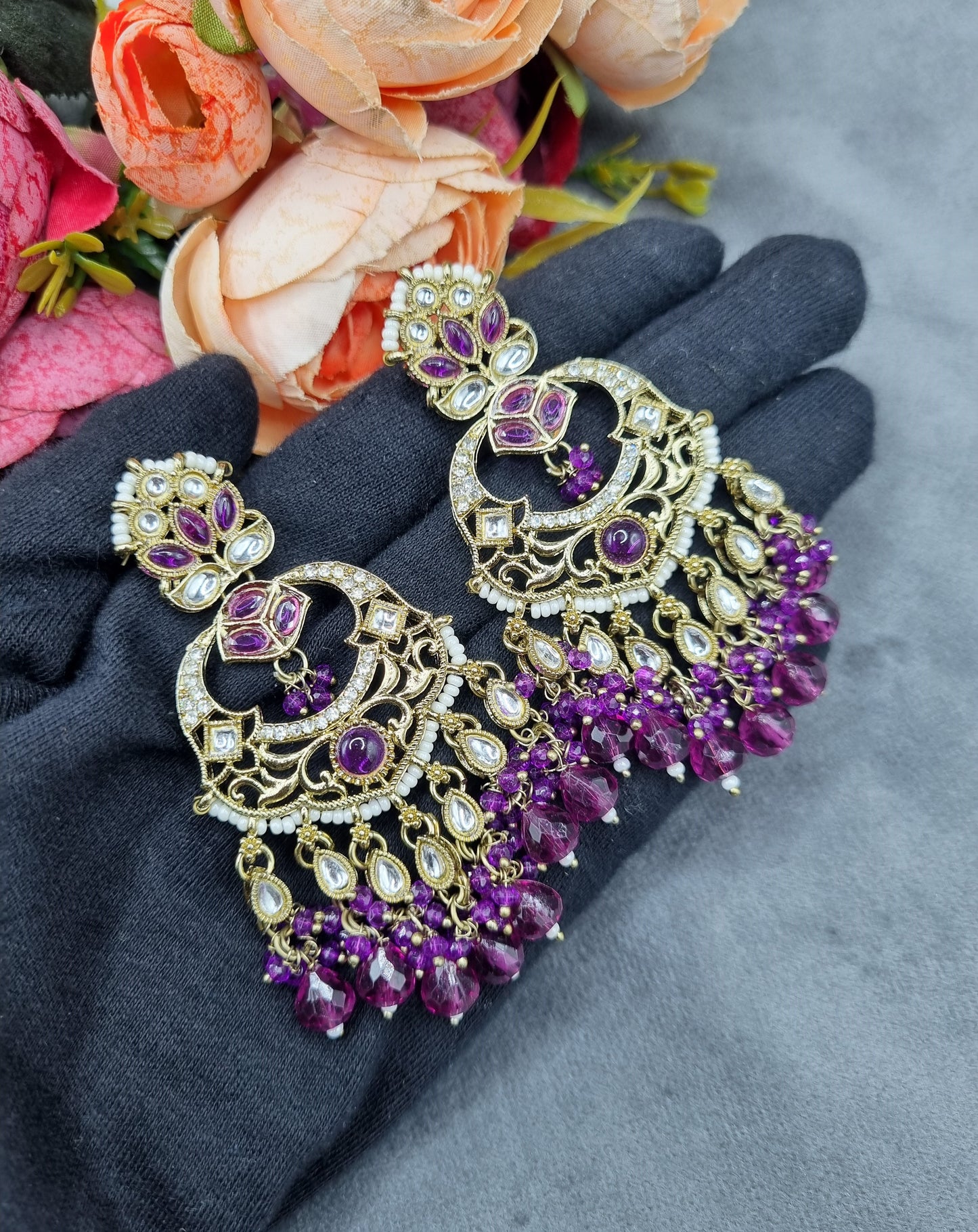 Grand Chandbali Statement Earrings with Bead Droplets