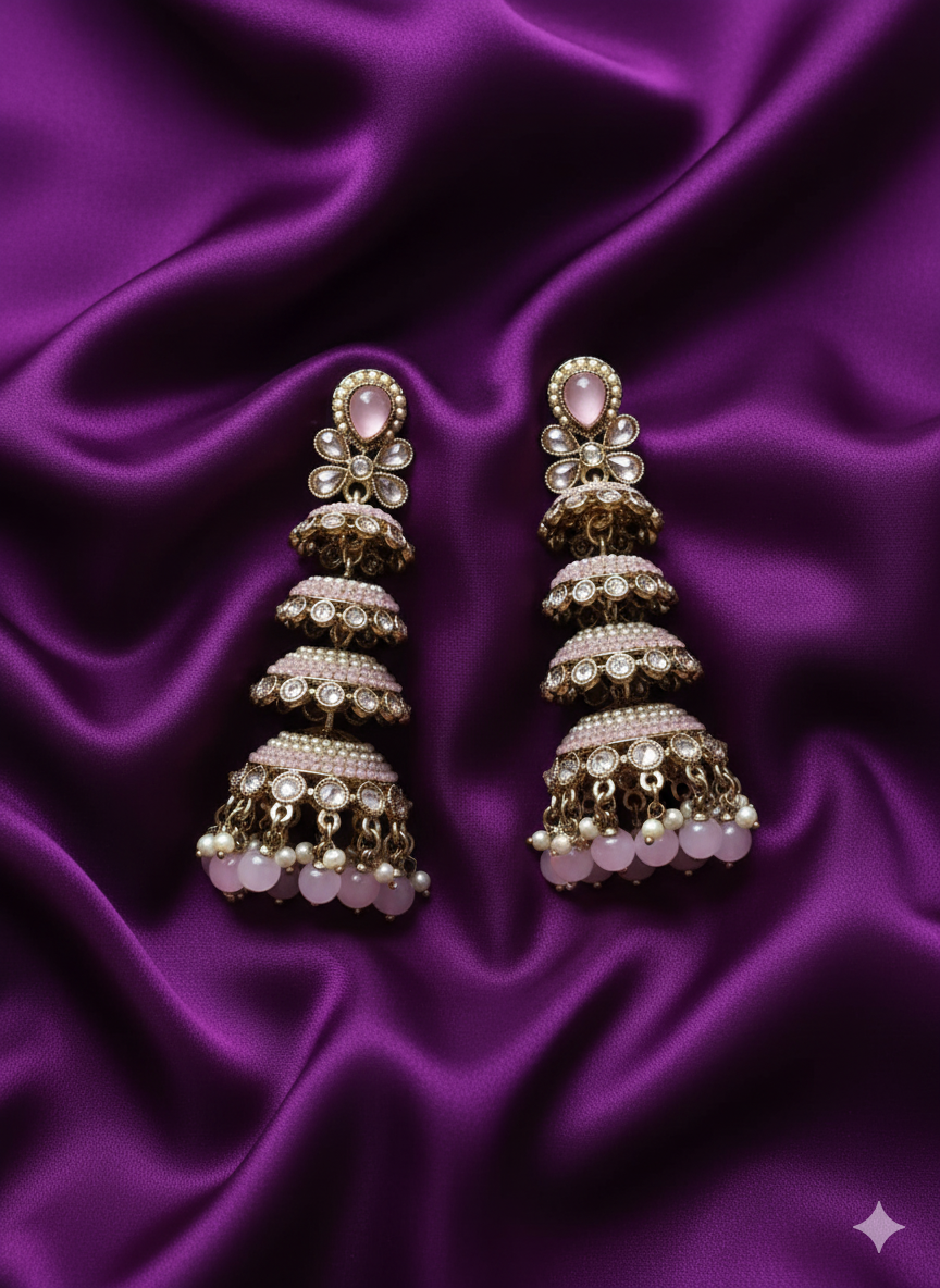 Pastel Pink Multi-Tier Heritage Jhumkas