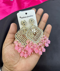 Square Emerald Green Crystal  Kundan Drop Earrings Gold Plated Jali Work Dangles