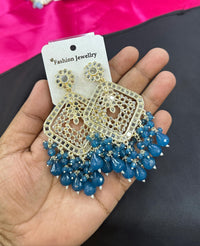 Square Emerald Green Crystal  Kundan Drop Earrings Gold Plated Jali Work Dangles