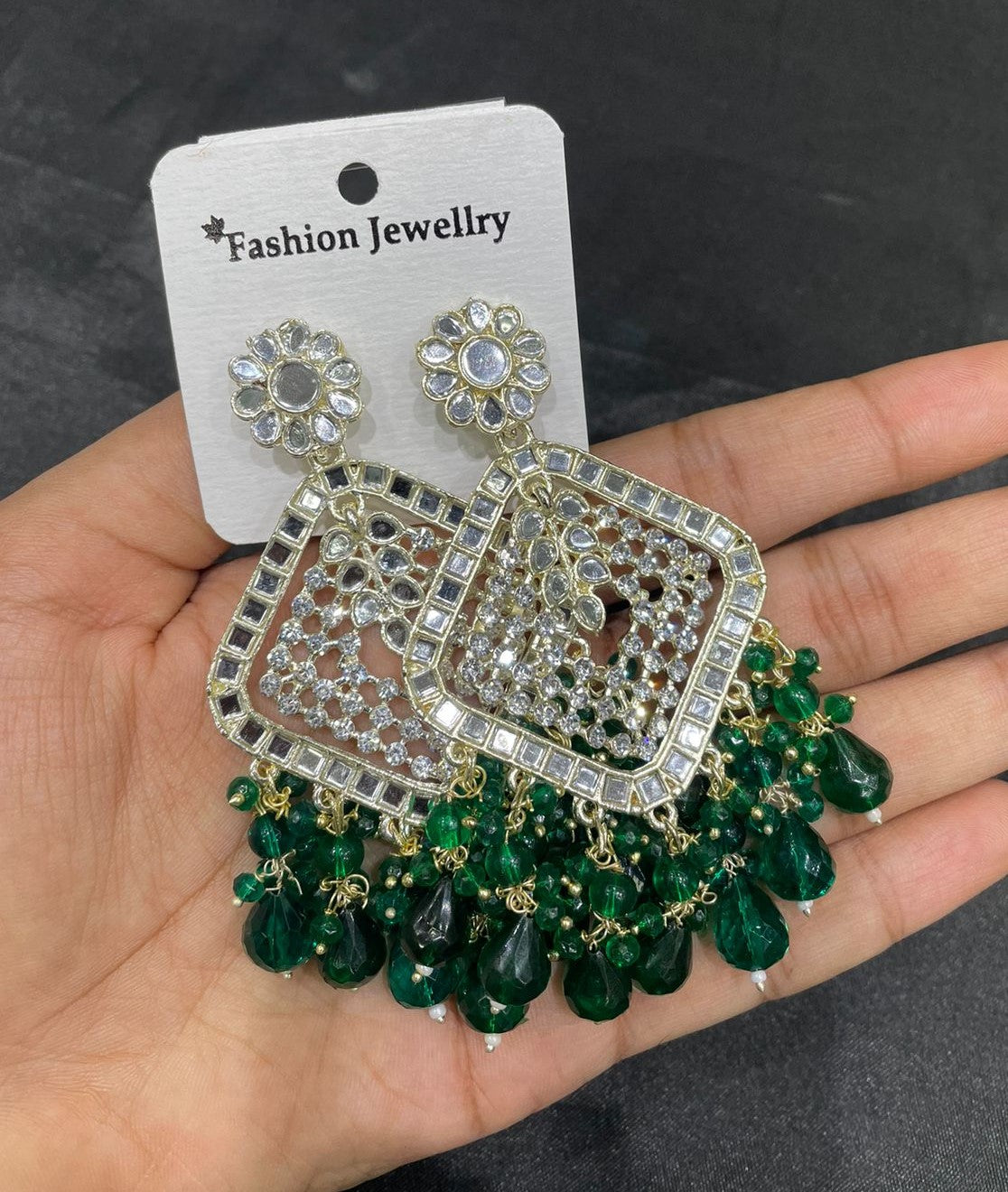 Square Emerald Green Crystal  Kundan Drop Earrings Gold Plated Jali Work Dangles