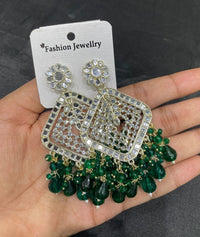 Square Emerald Green Crystal  Kundan Drop Earrings Gold Plated Jali Work Dangles