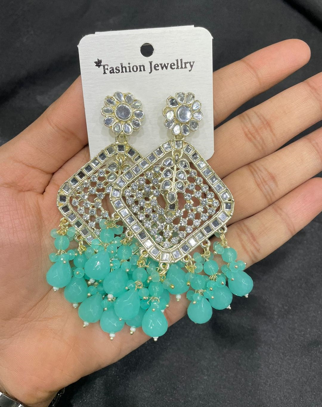 Square Emerald Green Crystal  Kundan Drop Earrings Gold Plated Jali Work Dangles