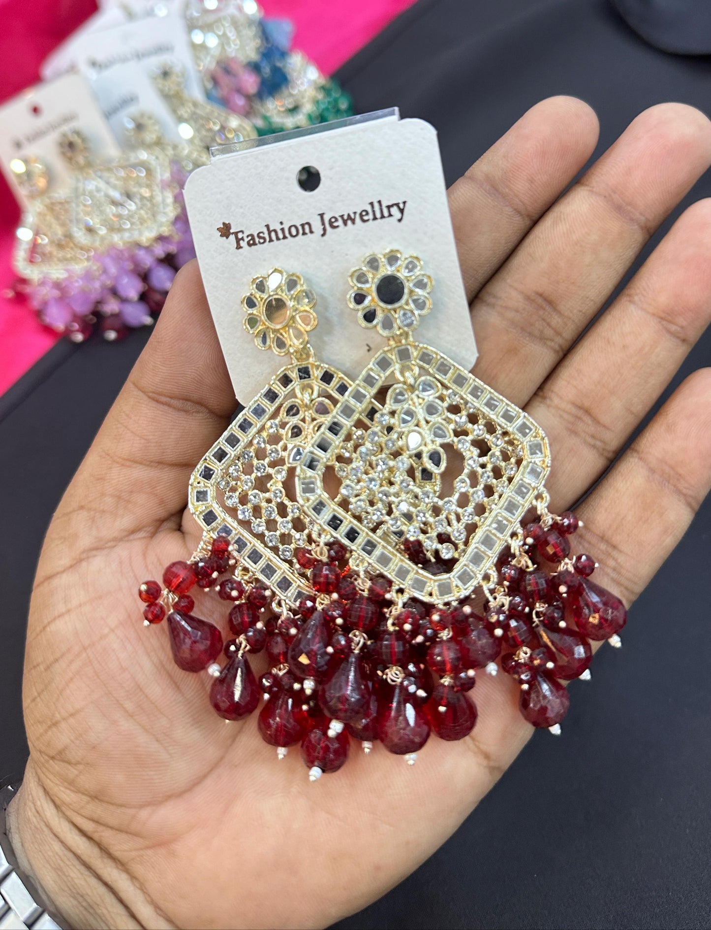 Square Emerald Green Crystal  Kundan Drop Earrings Gold Plated Jali Work Dangles